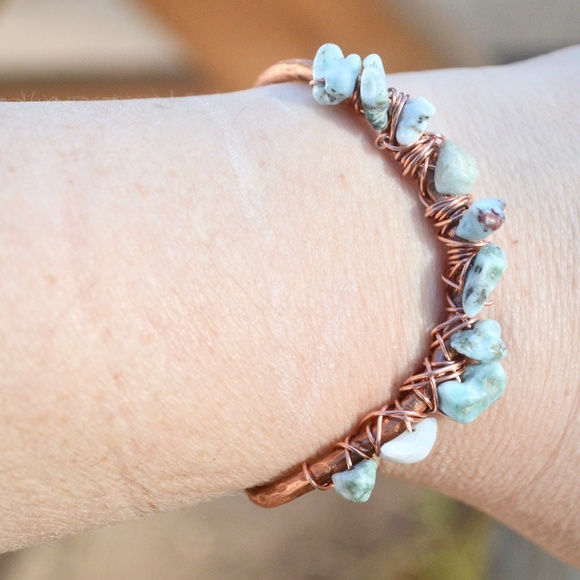 Genuine Larimar Cuff Bracelet Copper Handmade - Picture 7 of 8
